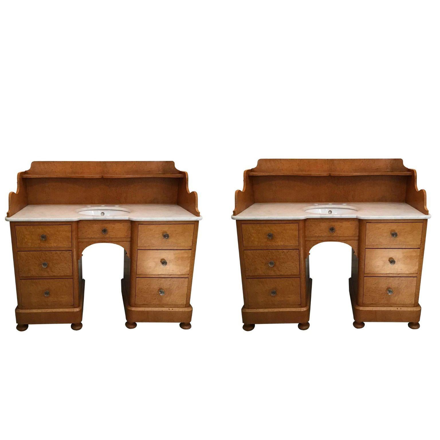 20th Century Pair of Italian Brier-Root Veneer with Carrara Marble Wash Cabinets For Sale