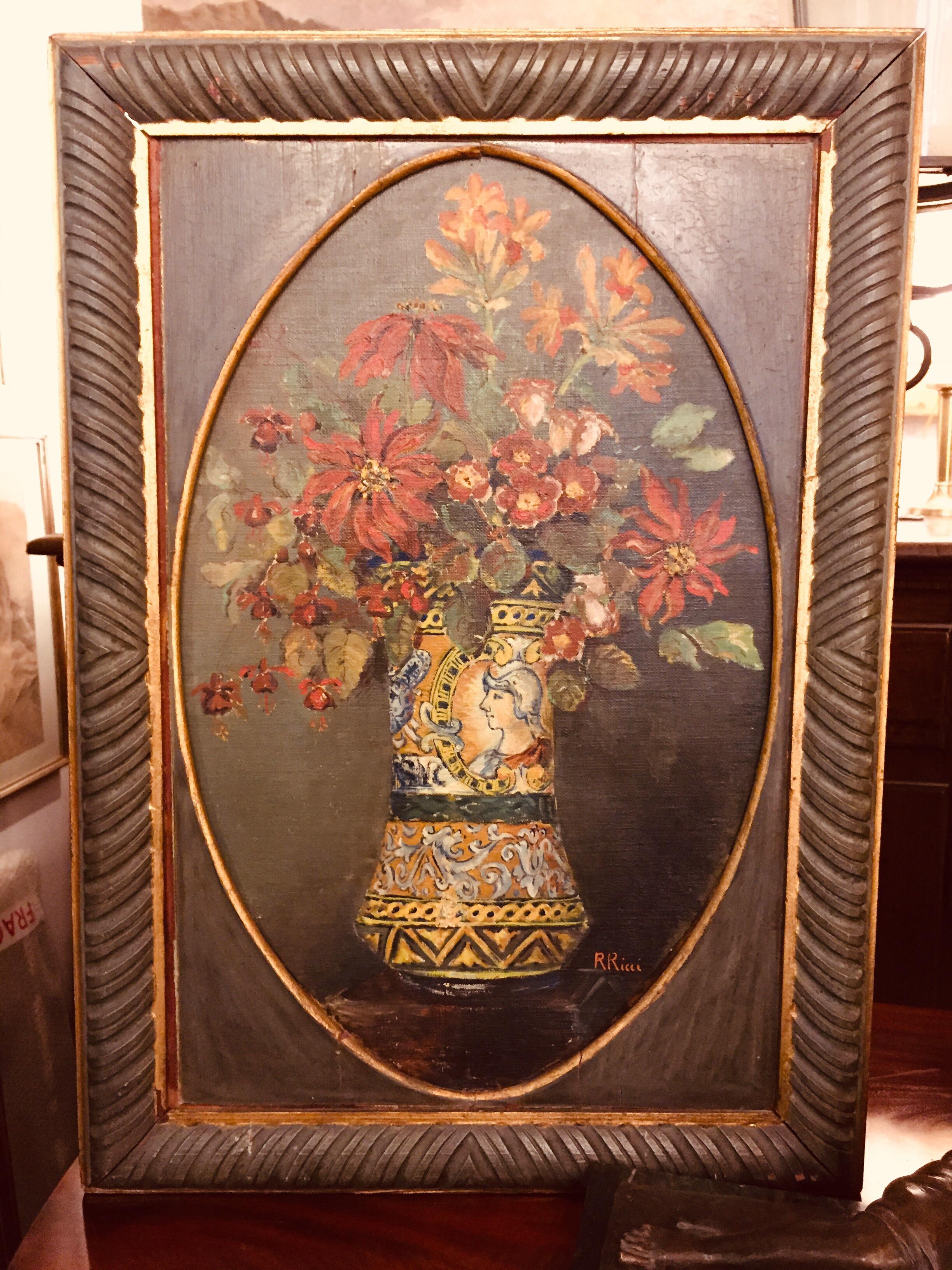 Pair of Italian Flower Still life Paintings by Ricci 20th Century Green Frames For Sale 8