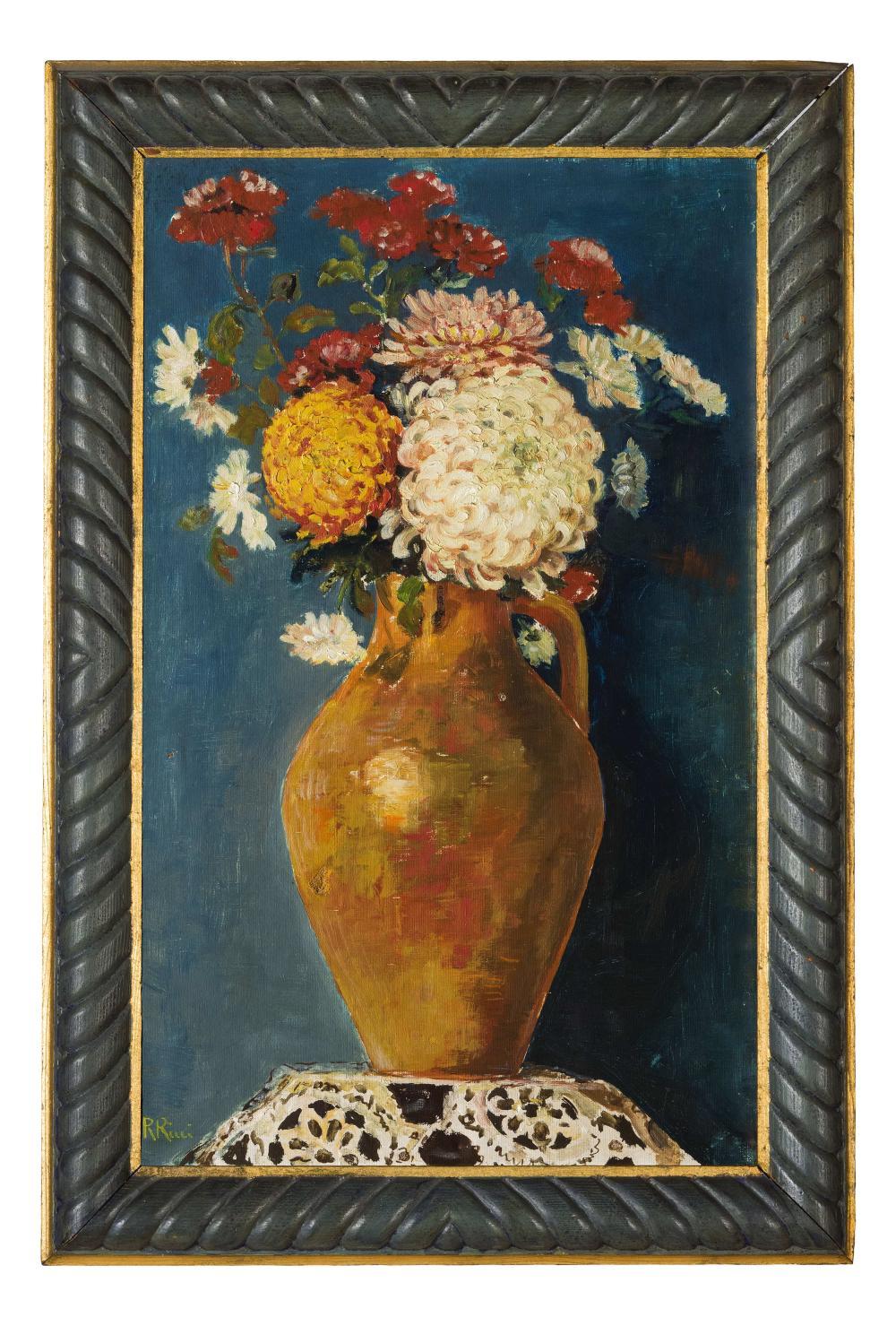 A pair of Italian still lifes with flowers, two flowers compositions, red flowers in a majolica vase and polychrome flowers in a pottery vase, oil on canvas paintings signed lower right and left R. Ricci, by the Italian artist Riccardo Ricci active