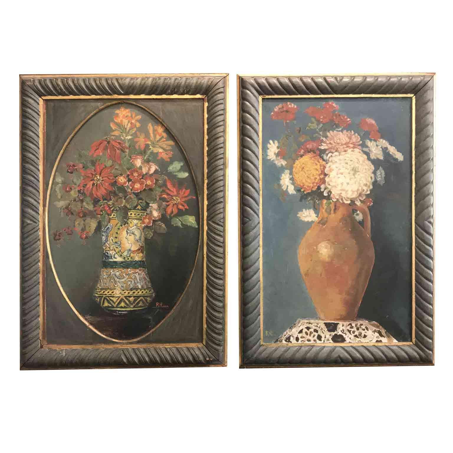 Canvas Pair of Italian Flower Still life Paintings by Ricci 20th Century Green Frames For Sale