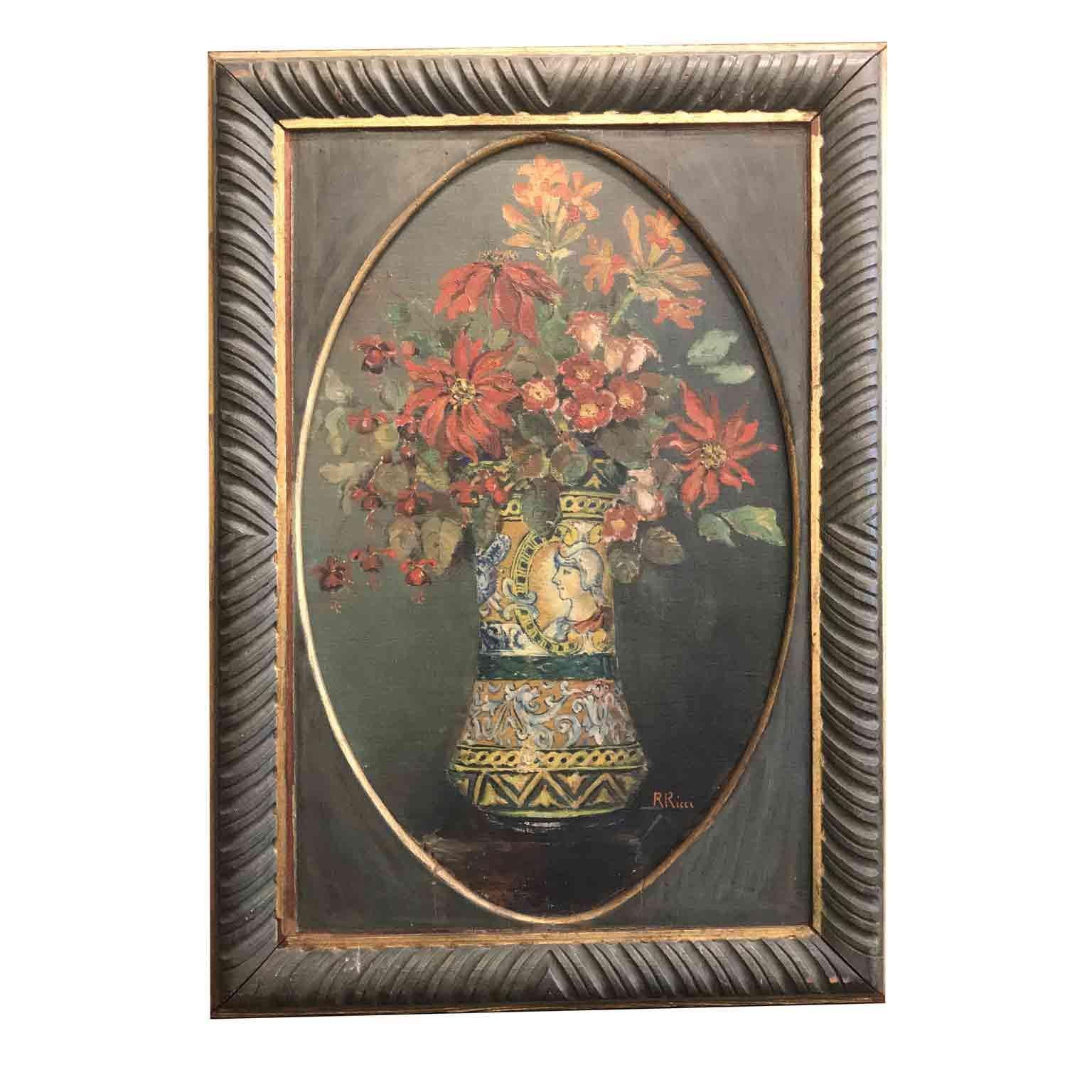 Pair of Italian Flower Still life Paintings by Ricci 20th Century Green Frames For Sale 1