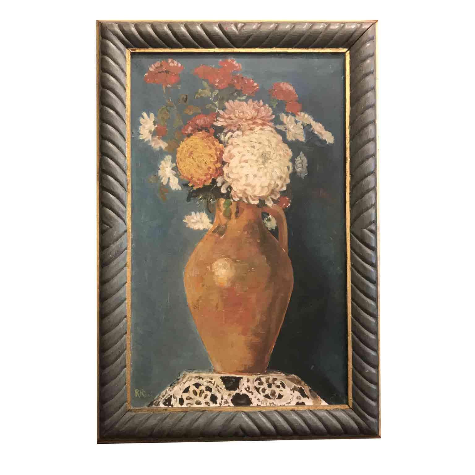 Pair of Italian Flower Still life Paintings by Ricci 20th Century Green Frames For Sale 5
