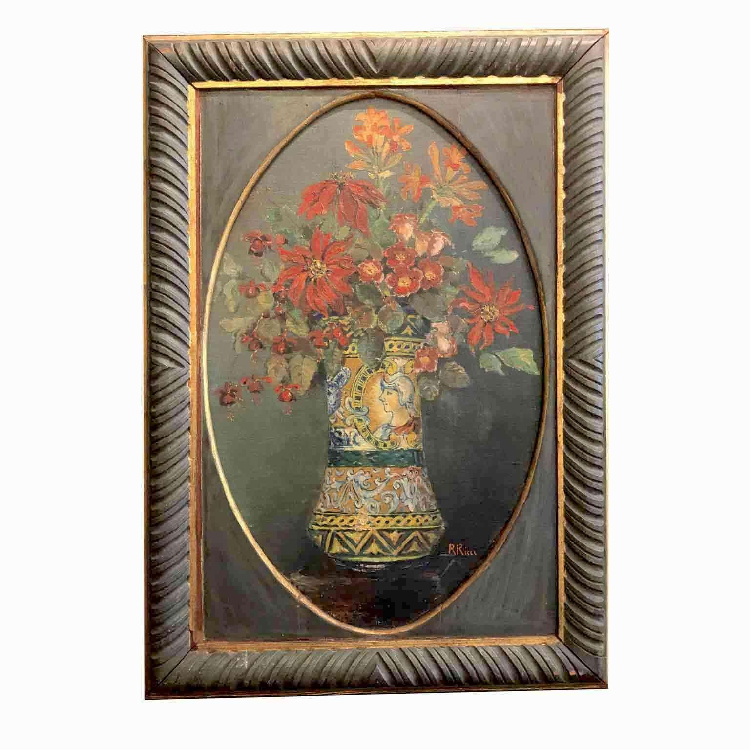 Pair of Italian Flower Still life Paintings by Ricci 20th Century Green Frames For Sale 6
