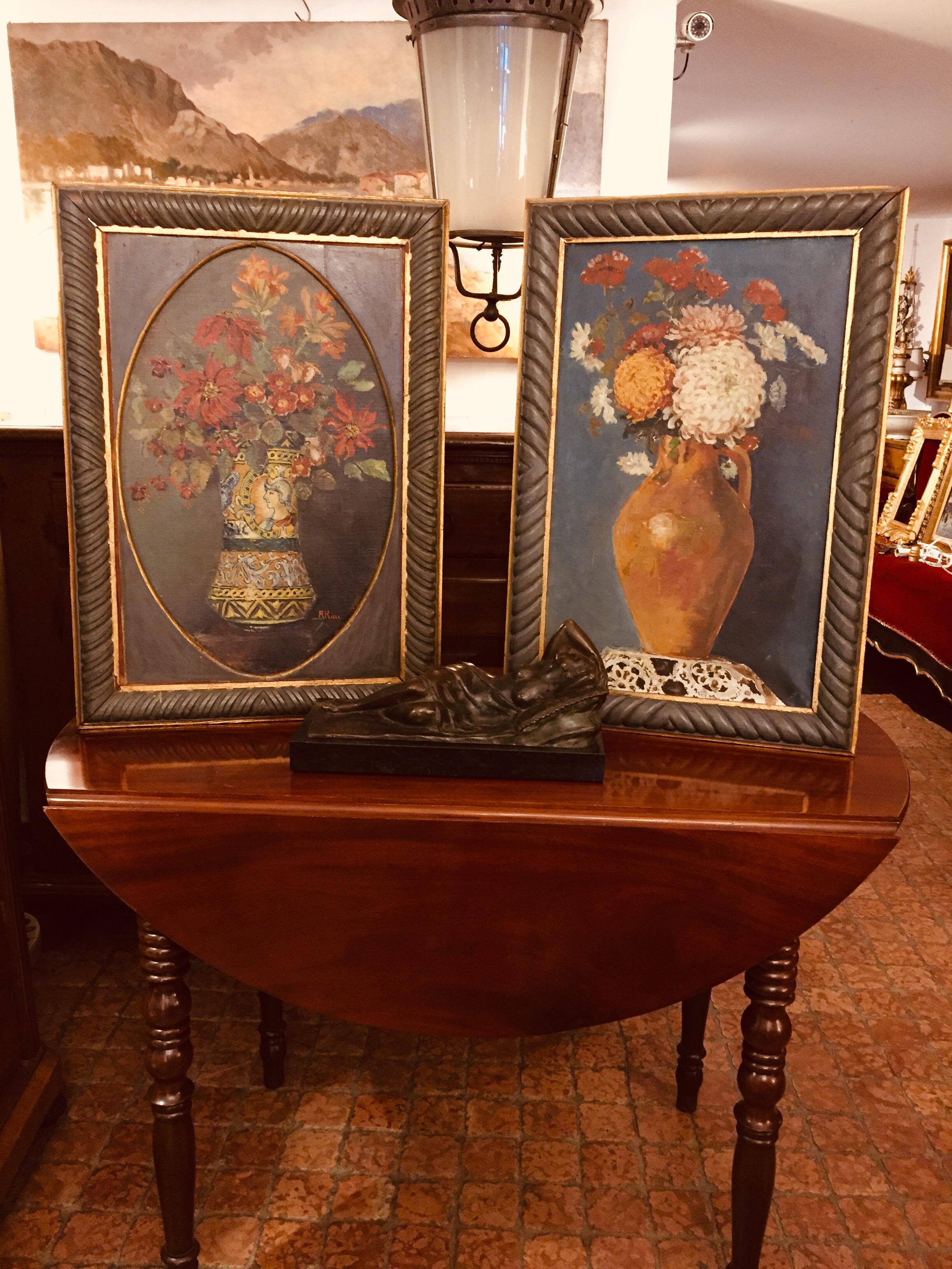 Pair of Italian Flower Still life Paintings by Ricci 20th Century Green Frames For Sale 7