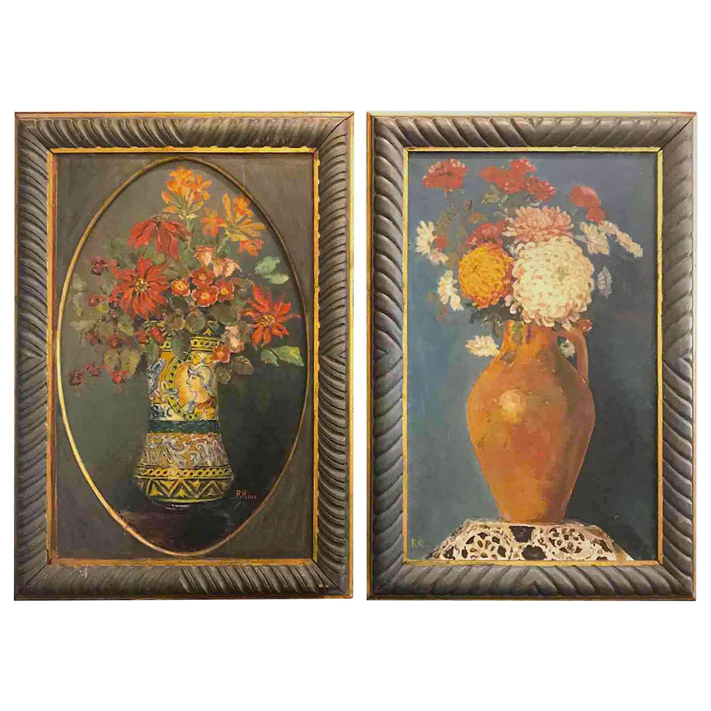 Pair of Italian Flower Still life Paintings by Ricci 20th Century Green Frames For Sale