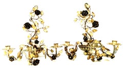 20th Century Pair Of Italian Gilt Iron "Tole" 3-Light Candelabra Sconces