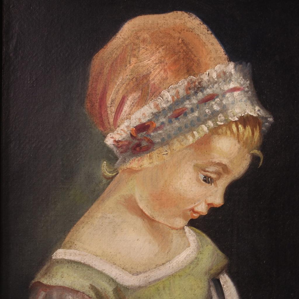 Toile 20e siècle Paire de portraits de jeunes filles italiennes Huile sur toile signée, années 1950 en vente