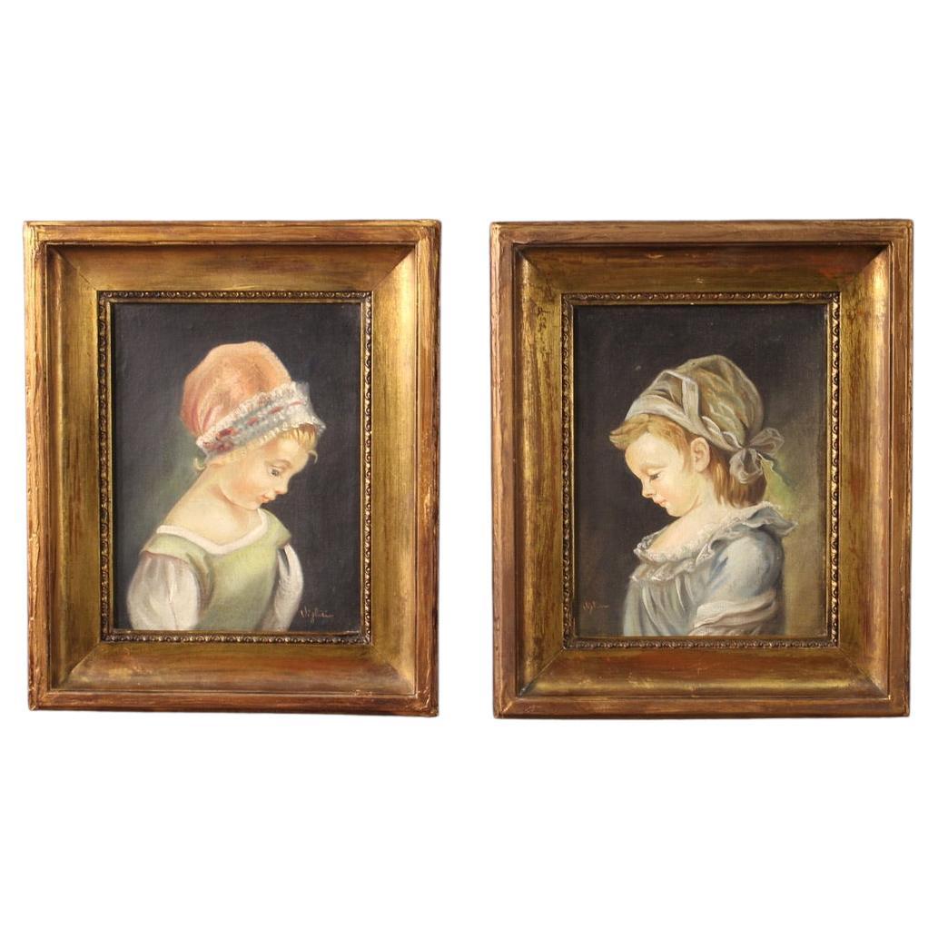 20e siècle Paire de portraits de jeunes filles italiennes Huile sur toile signée, années 1950