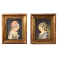 20th Century Pair of Italian Girls Portrait Oil on Canvas Signed Paintings, 1950s