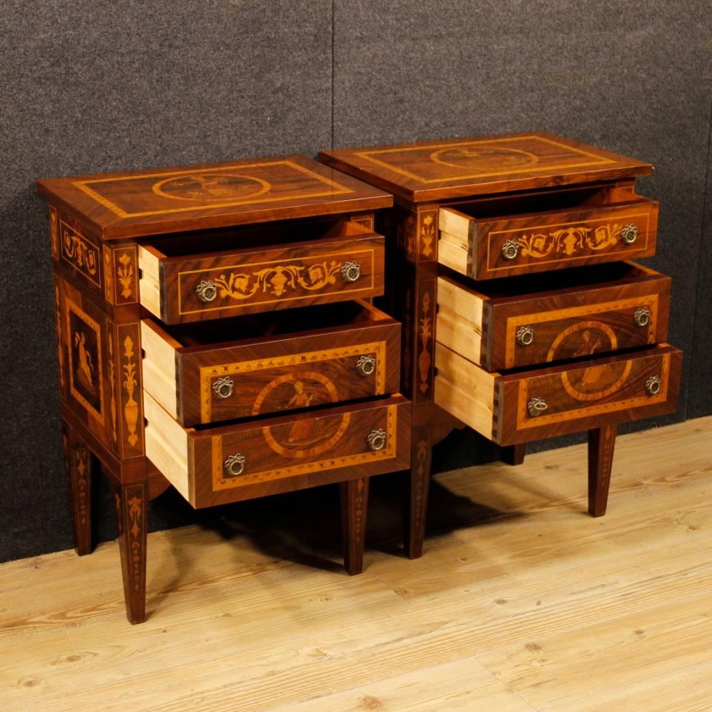 20th Century Pair of Italian Inlaid Wooden Bedside Tables in Louis XVI Style 4