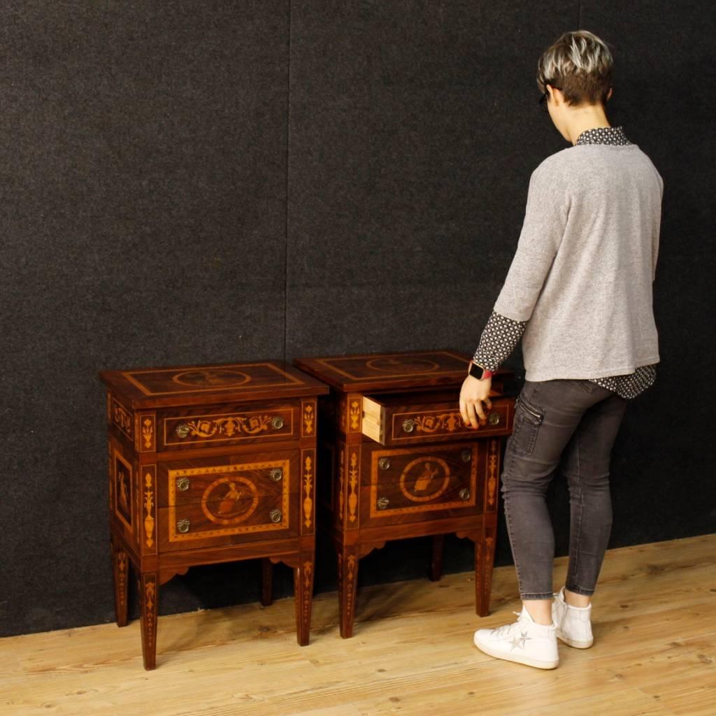 20th Century Pair of Italian Inlaid Wooden Bedside Tables in Louis XVI Style 6