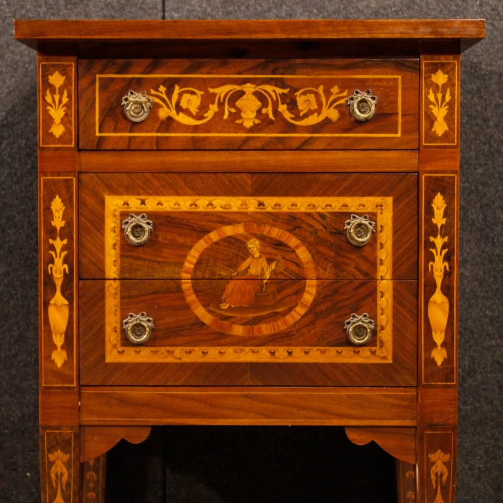 Mid-20th Century 20th Century Pair of Italian Inlaid Wooden Bedside Tables in Louis XVI Style