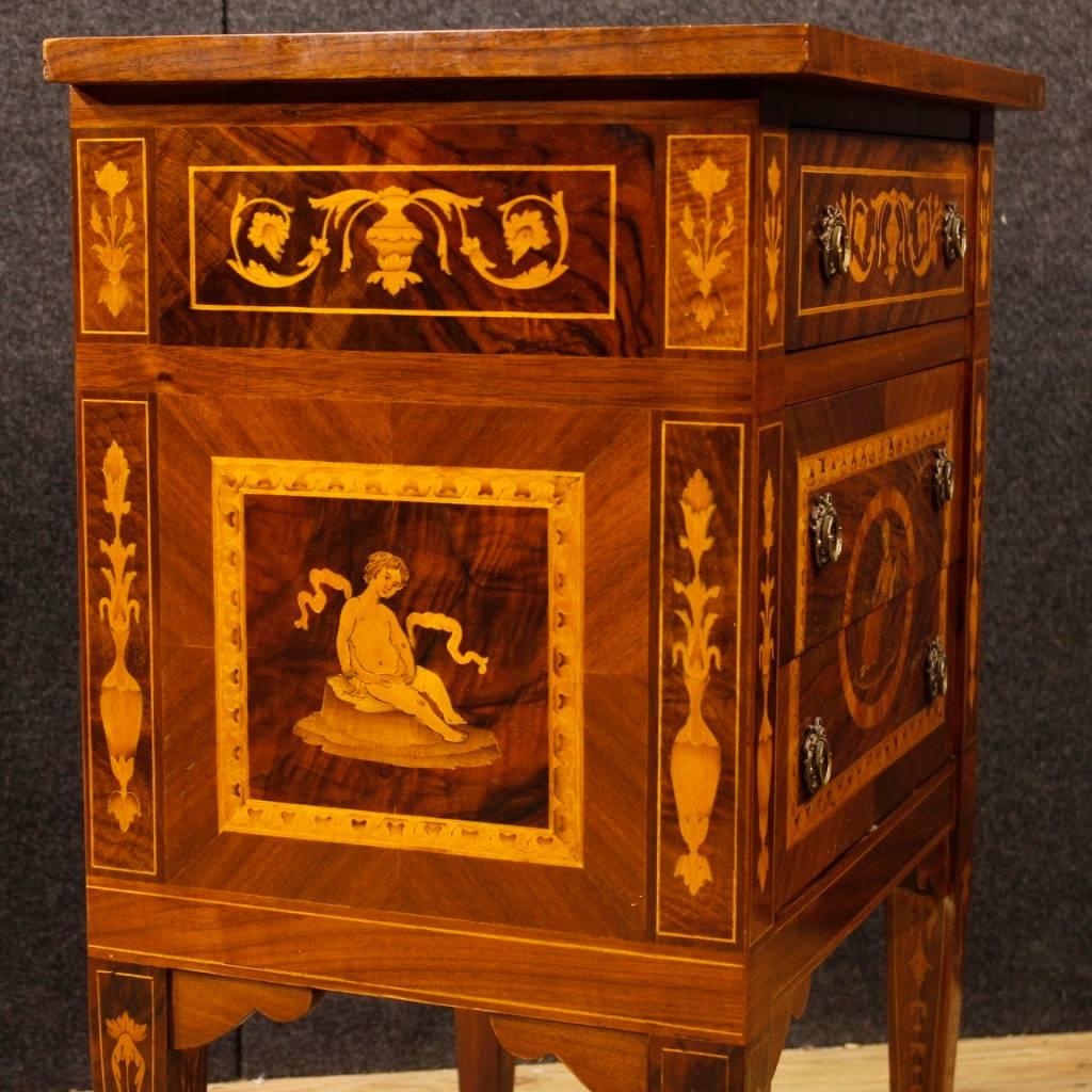 Mahogany 20th Century Pair of Italian Inlaid Wooden Bedside Tables in Louis XVI Style