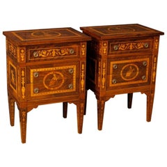 20th Century Pair of Italian Inlaid Wooden Bedside Tables in Louis XVI Style