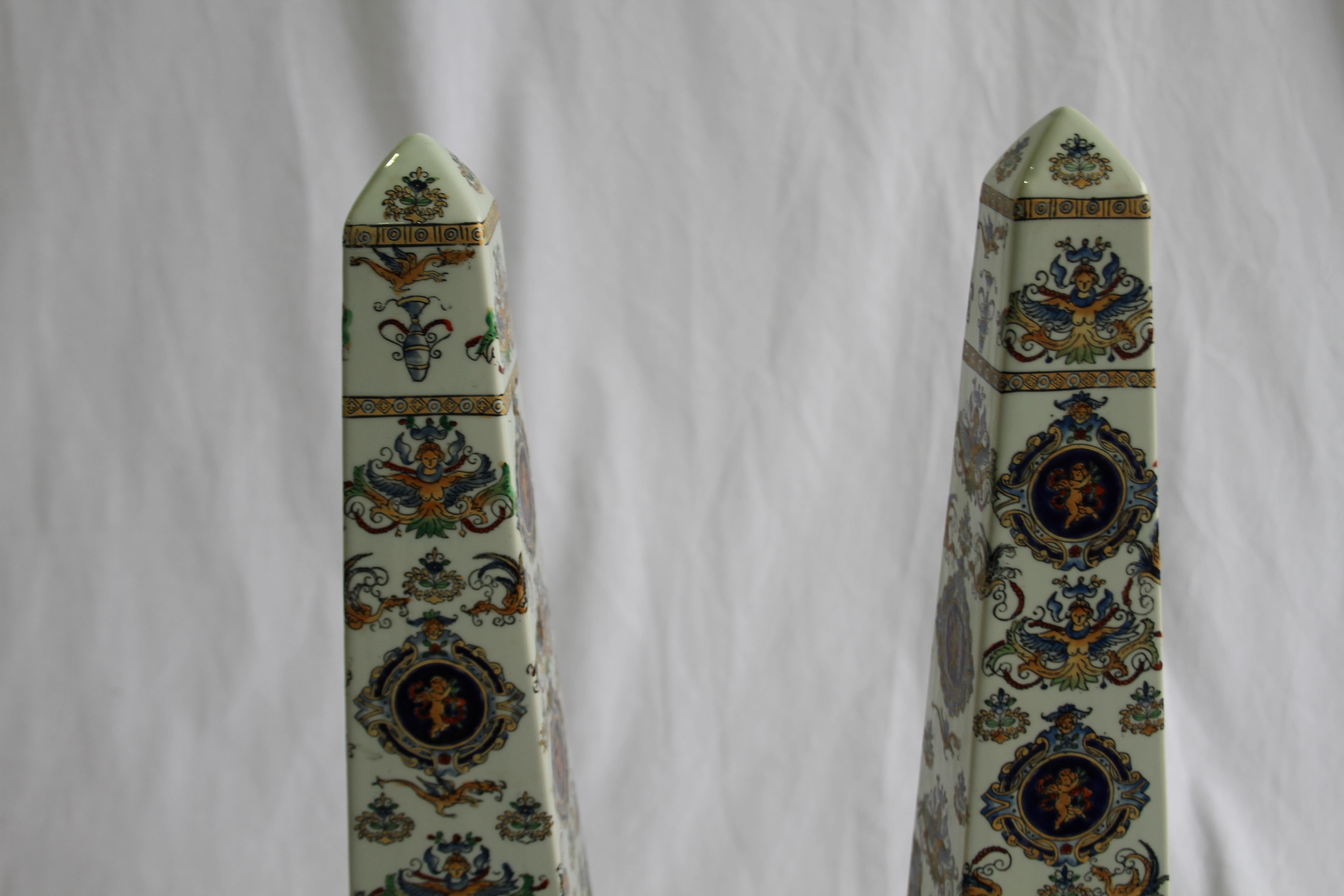 Hand-Painted 20th Century Pair of Italian Obelisks, Hand-painted porcelain For Sale