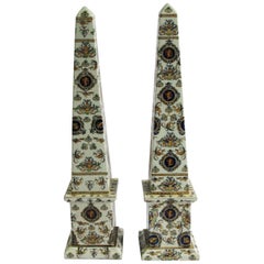 20th Century Pair of Italian Obelisks, Hand-Painted Porcelain