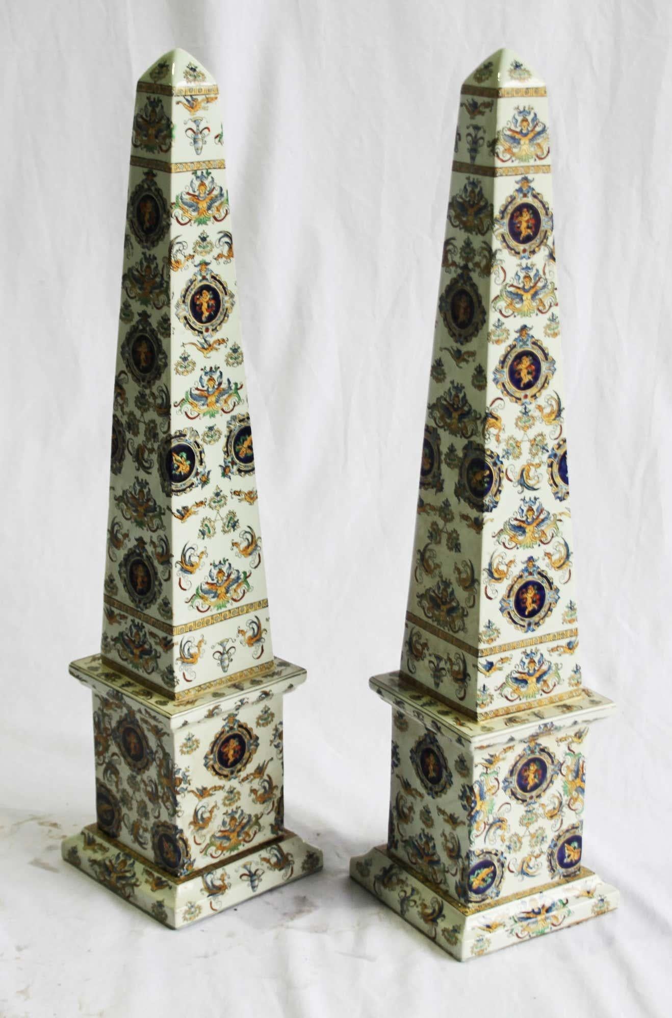 20th Century Pair of Italian Obelisks, Hand-Painted Porcelain For Sale 1