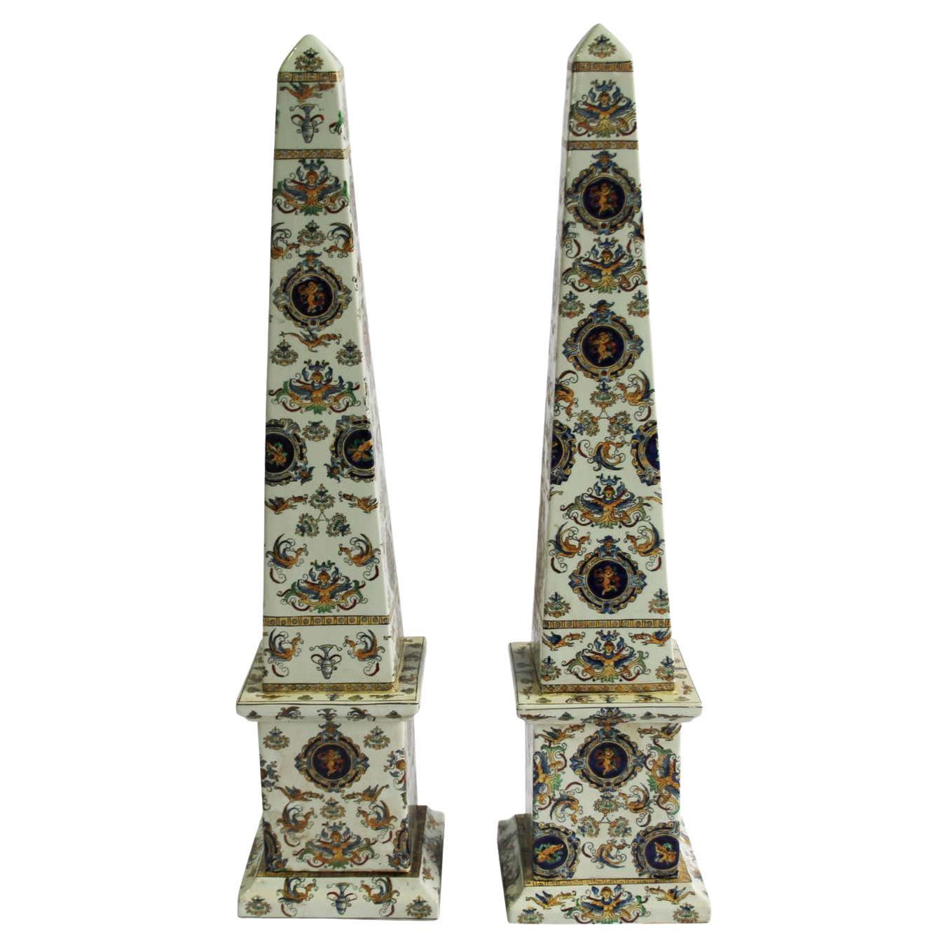 20th Century Pair of Italian Obelisks, Hand-Painted Porcelain For Sale