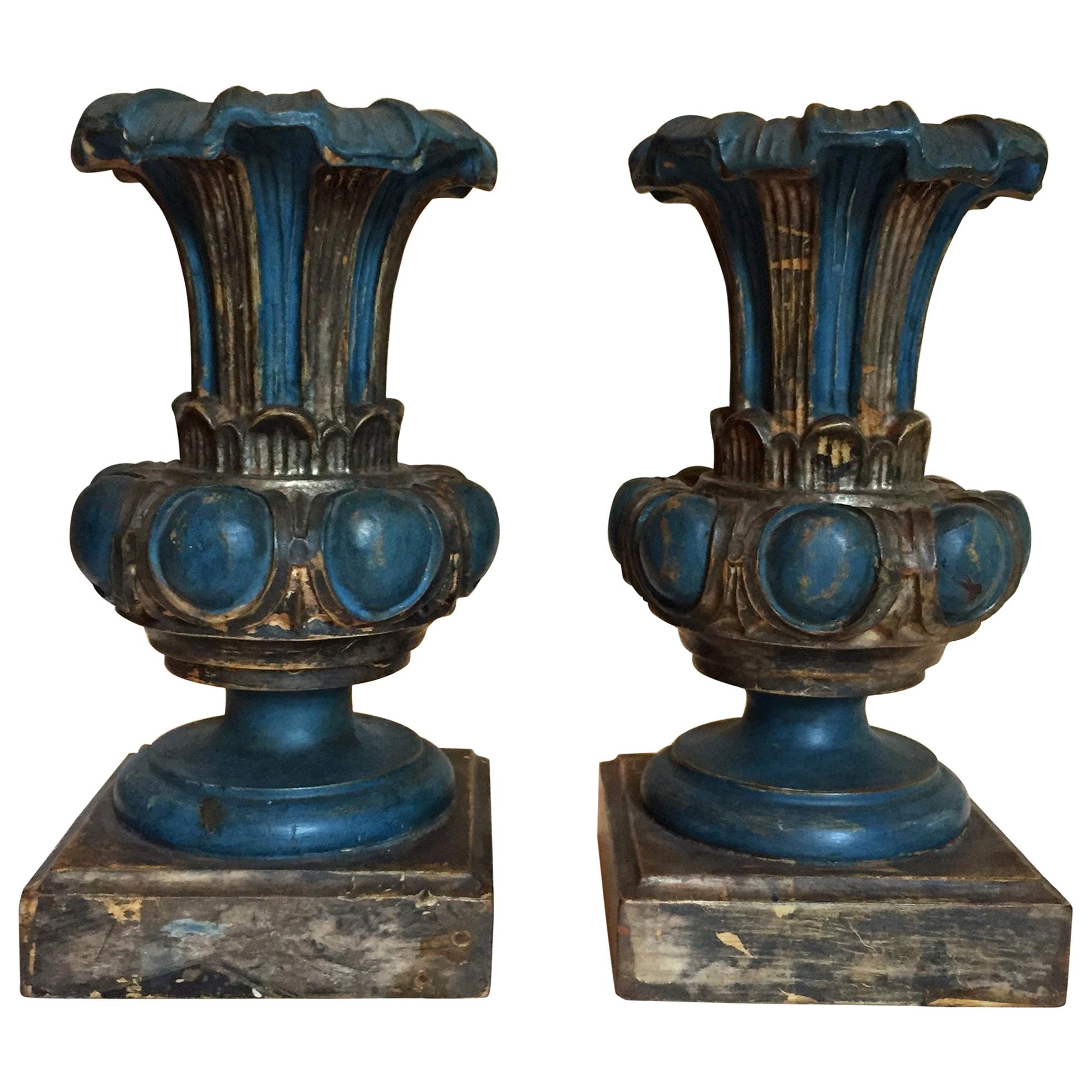 Pair of Italian Renaissance Style Blue Lamp Bases Carved Wooden Vases 1980s