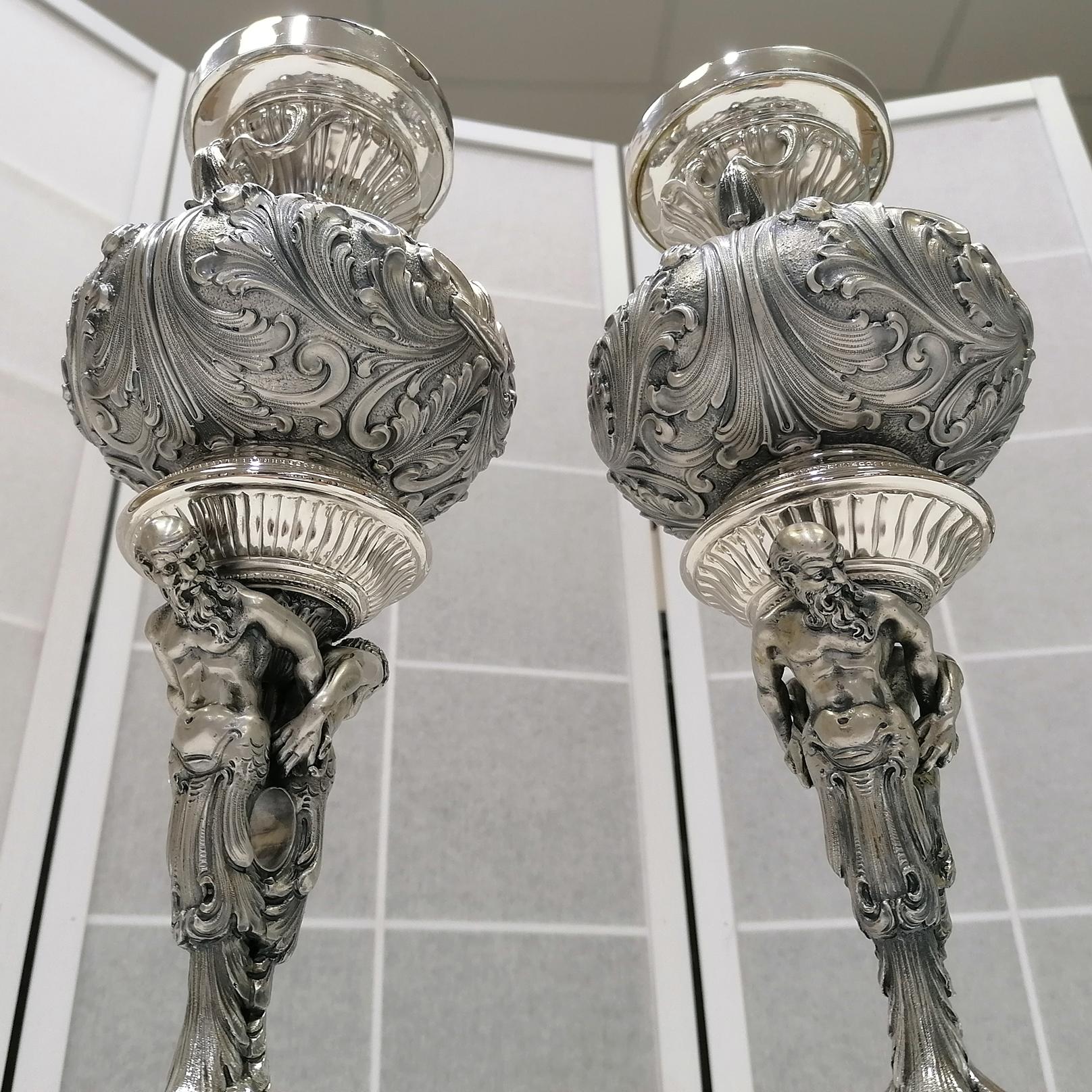 20th Century Pair of Italian Silver embossed with figures Lamps For Sale 5