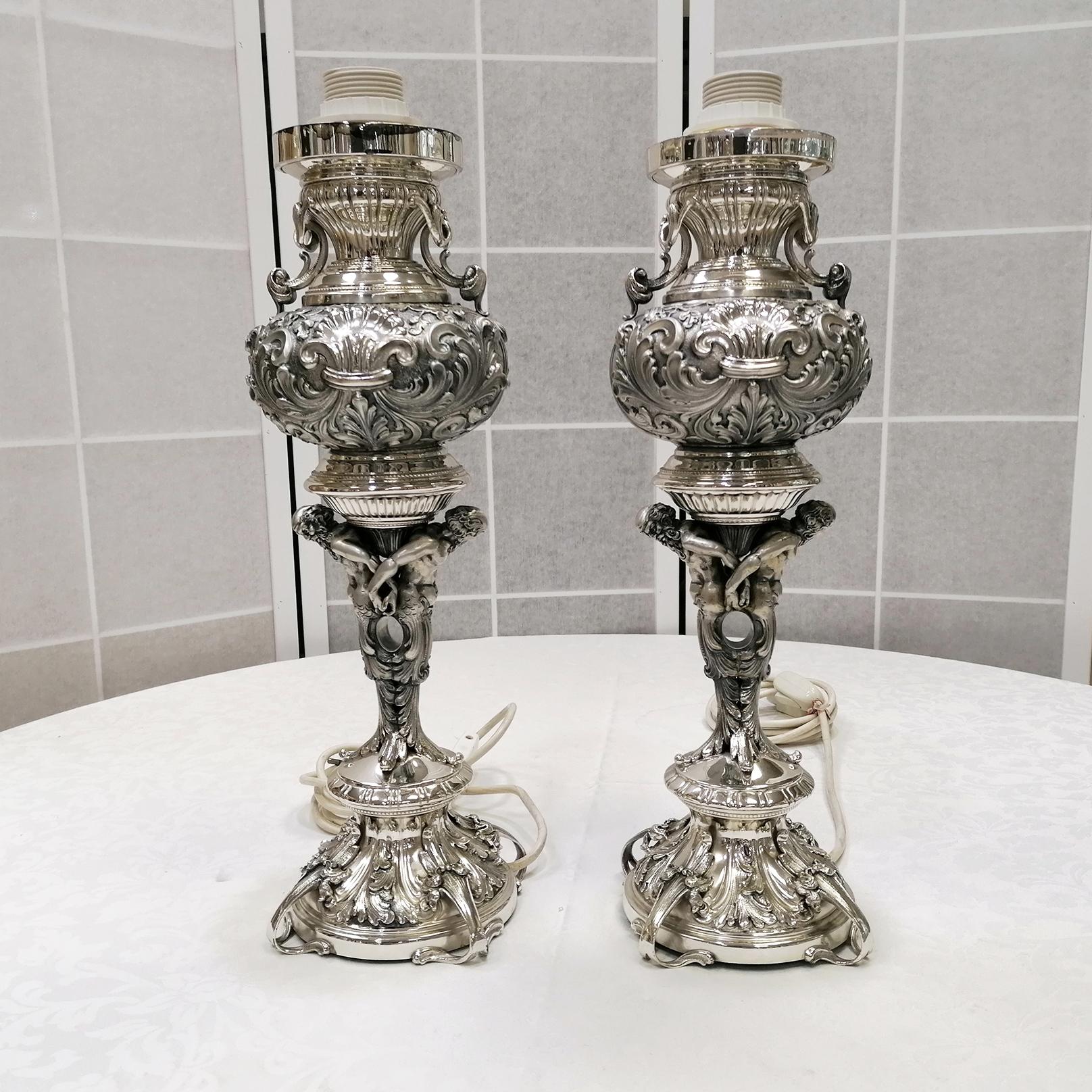 20th Century Pair of Italian Silver embossed with figures Lamps For Sale 7
