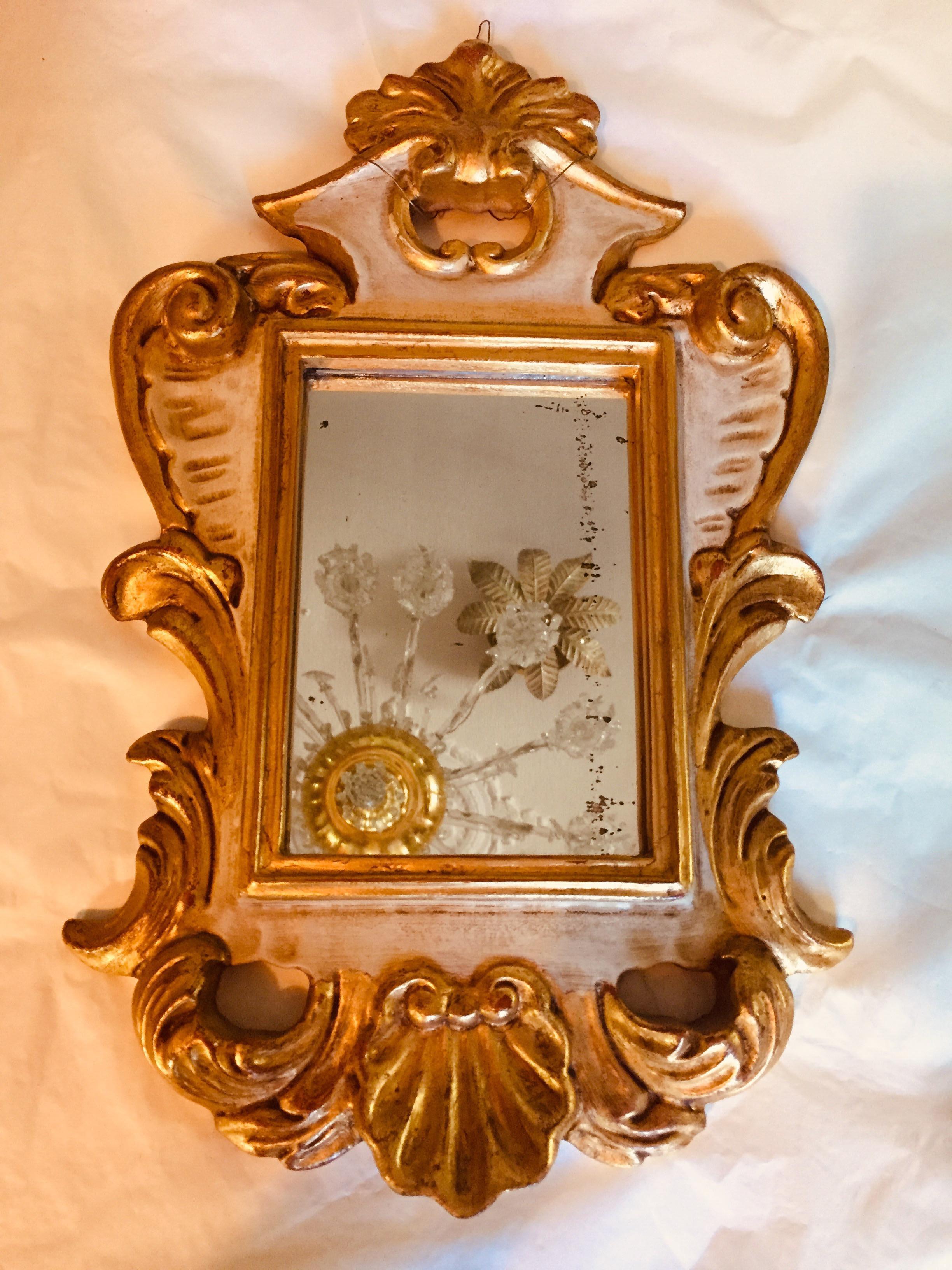 20th Century Pair of Italian Small Mirrors Gold-leaf and White Scrolling Carving 11