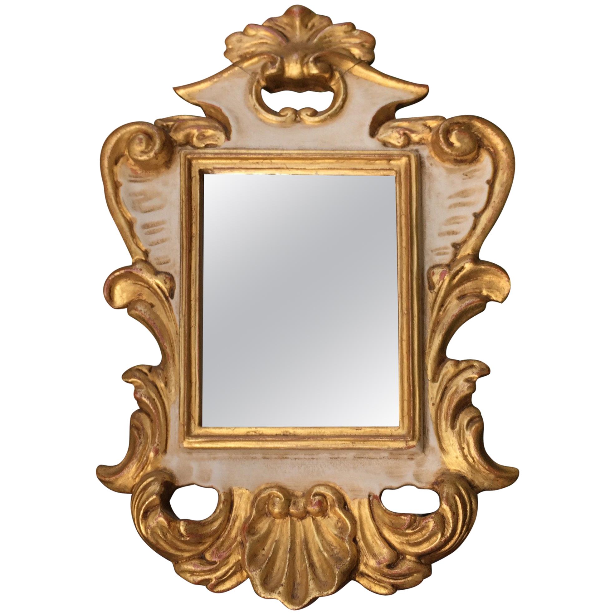 Baroque 20th Century Pair of Italian Small Mirrors Gold-leaf and White Scrolling Carving