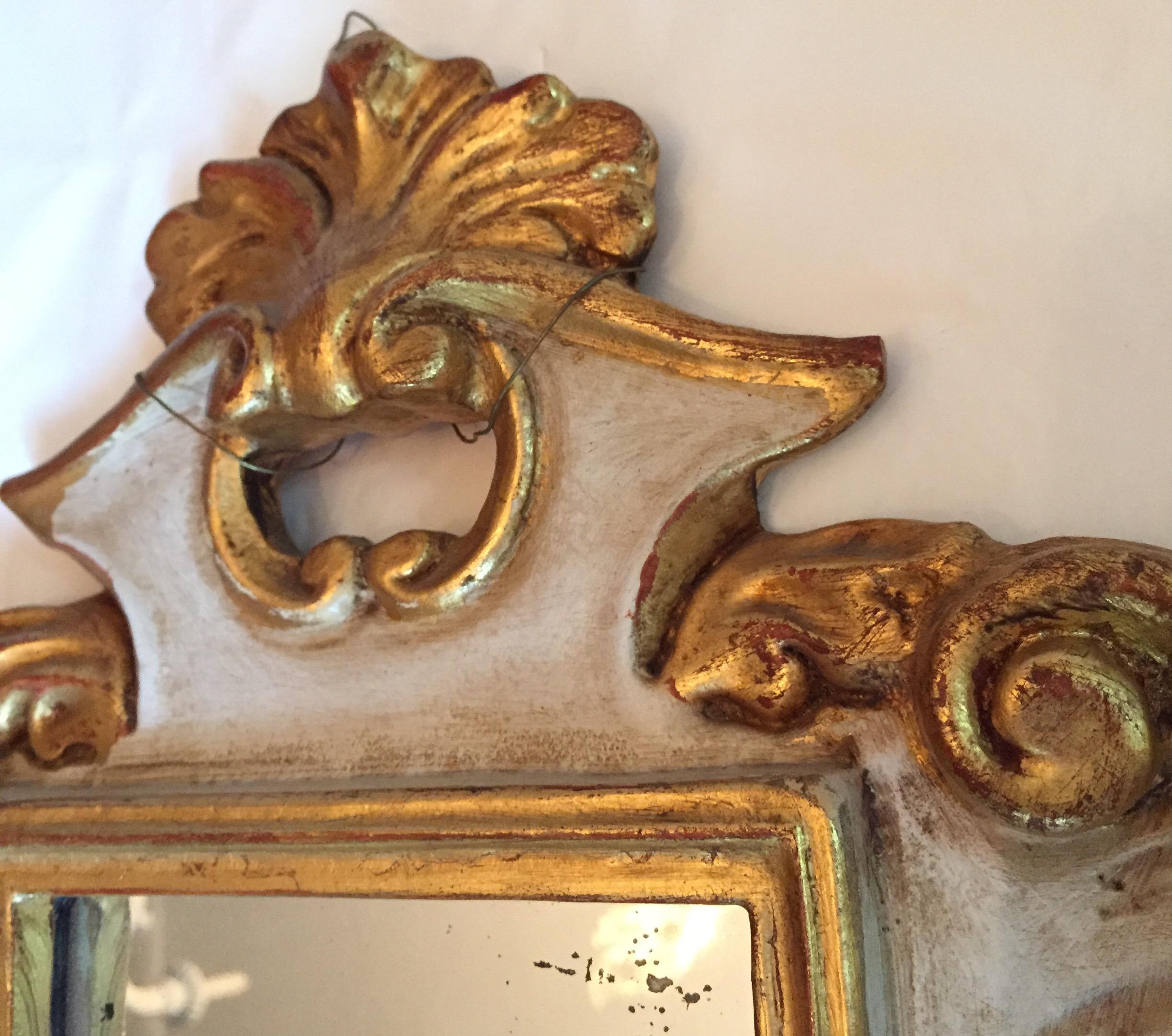 20th Century Pair of Italian Small Mirrors Gold-leaf and White Scrolling Carving 1