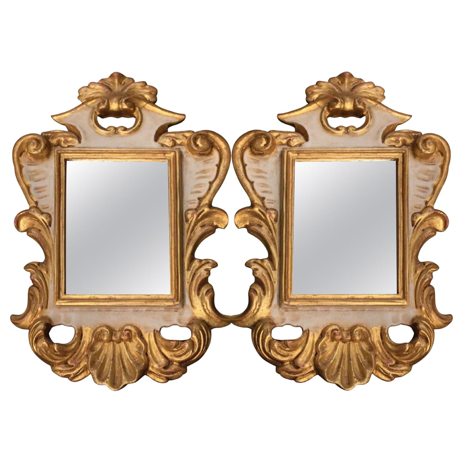 20th Century Pair of Italian Small Mirrors Gold-leaf and White Scrolling Carving