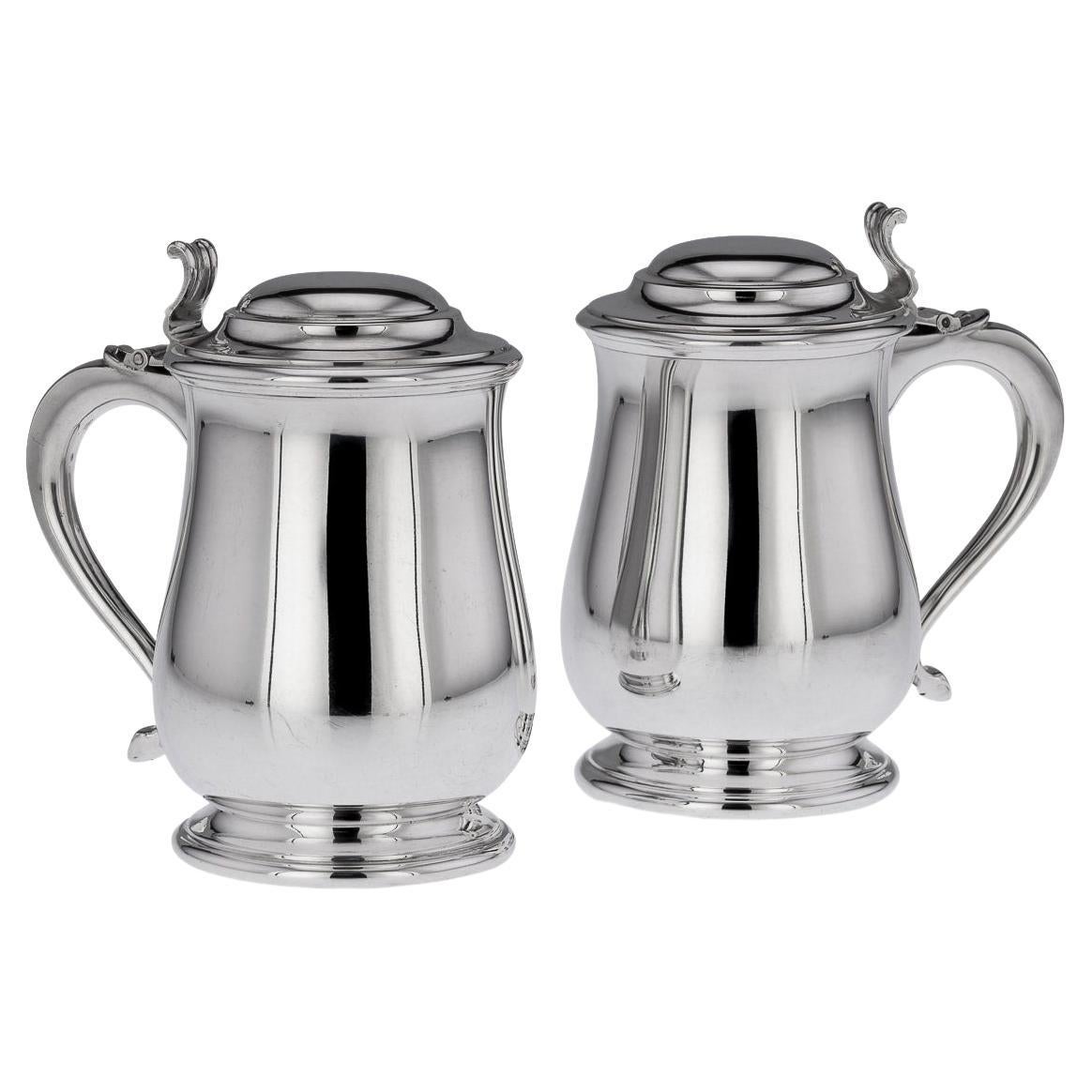 20th Century Pair Of Italian Solid Silver Lidded Tankards For Sale