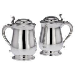 Vintage 20th Century Pair Of Italian Solid Silver Lidded Tankards