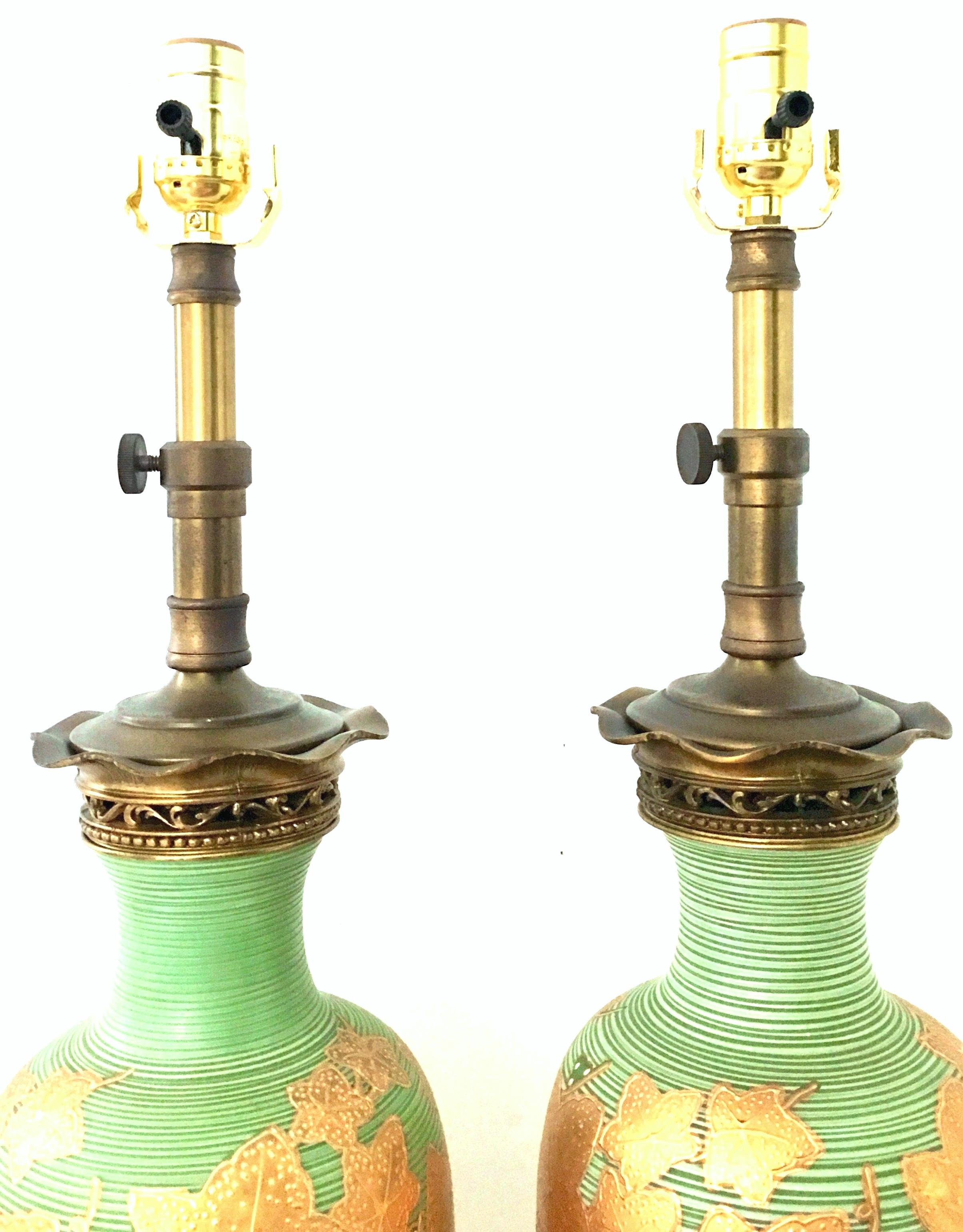 20th Century Pair of Italian Venetian Glass 22-Karat Gold and Bronze Table Lamps For Sale 1