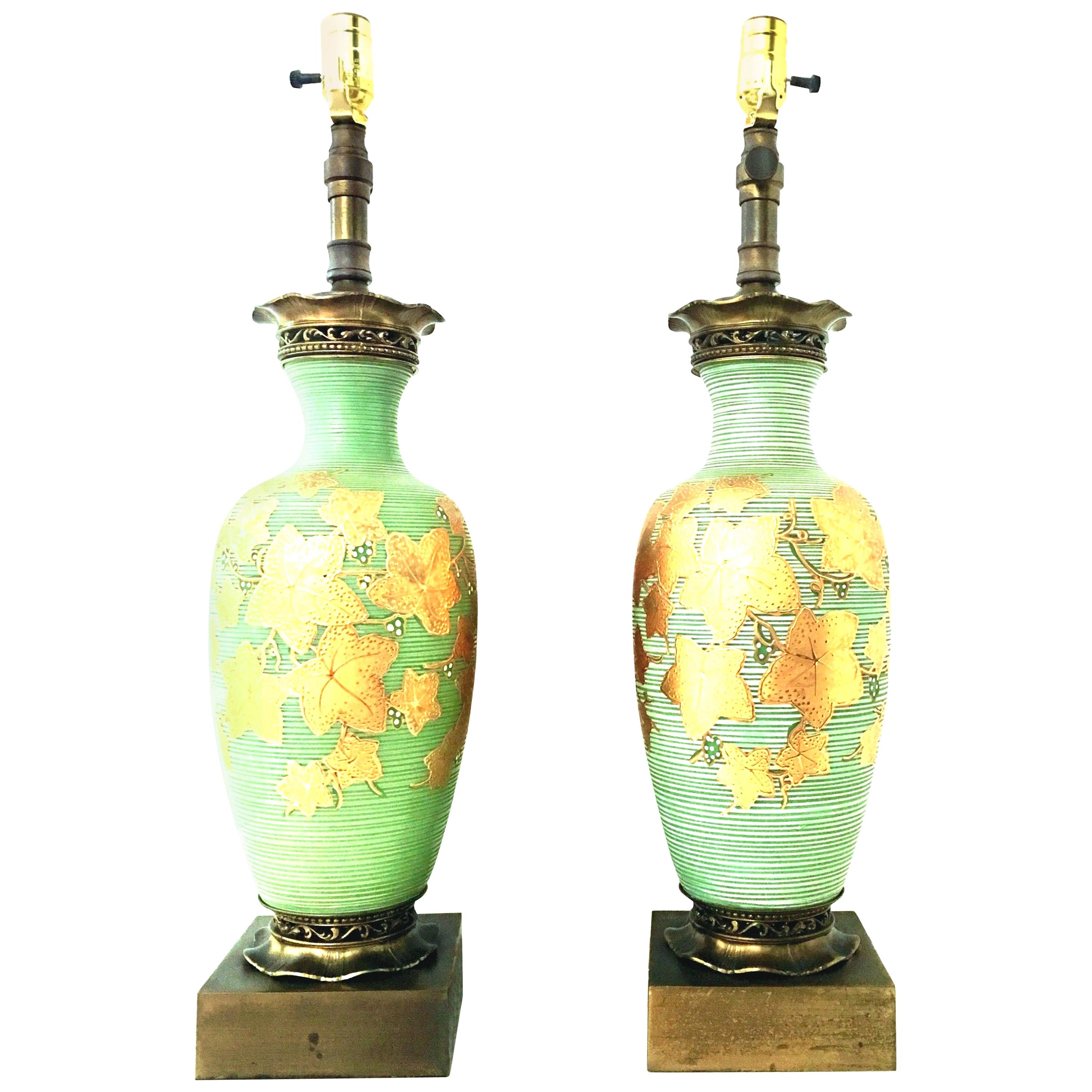 20th Century Pair of Italian Venetian Glass 22-Karat Gold and Bronze Table Lamps For Sale