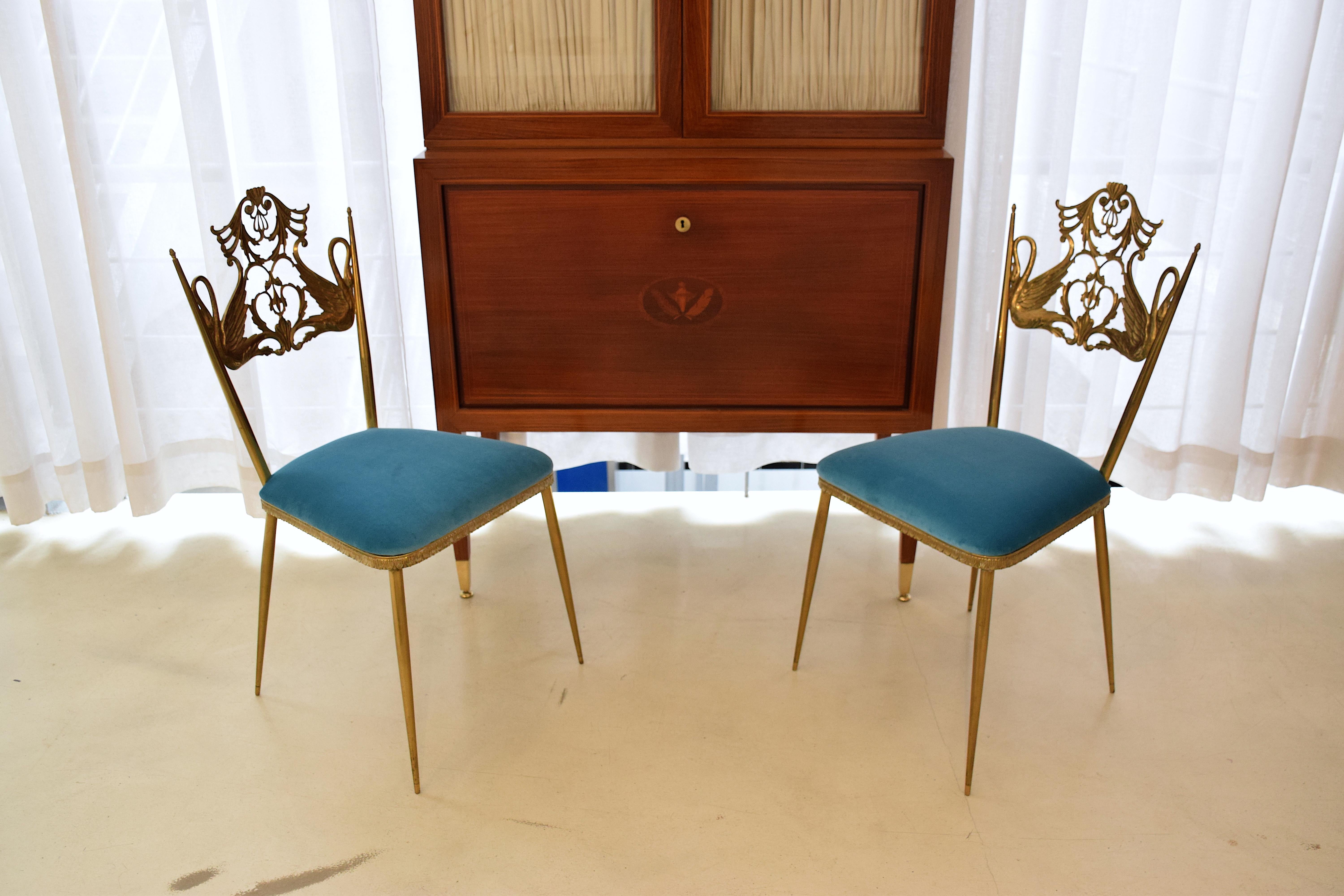20th Century Pair of Italian Vintage Brass Velvet Swan Chairs, 1950s 4