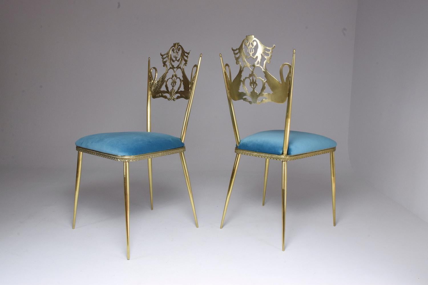 20th Century Pair of Italian Vintage Brass Velvet Swan Chairs, 1950s For Sale 16