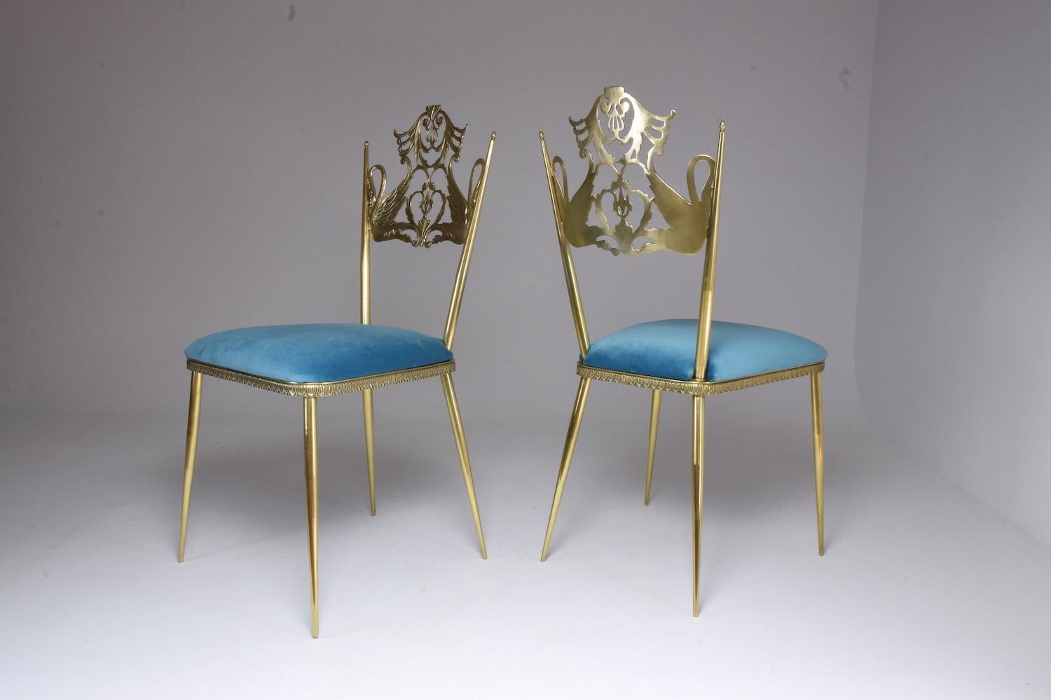 20th Century Pair of Italian Vintage Brass Velvet Swan Chairs, 1950s 15
