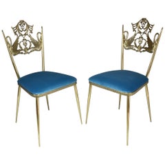 20e siècle Paire de chaises Swan italiennes en velours et laiton, années 1950