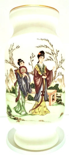 20th Century Pair of Japanese Hand Painted Satin Glass Vases