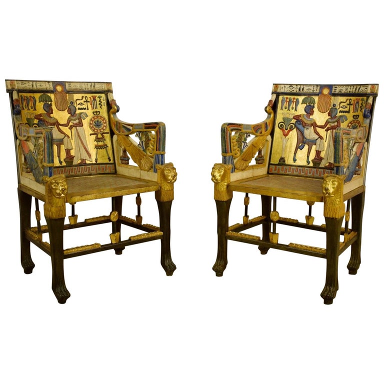 20th Century, Pair of Lacquered Giltwood Armchairs in Egyptian
