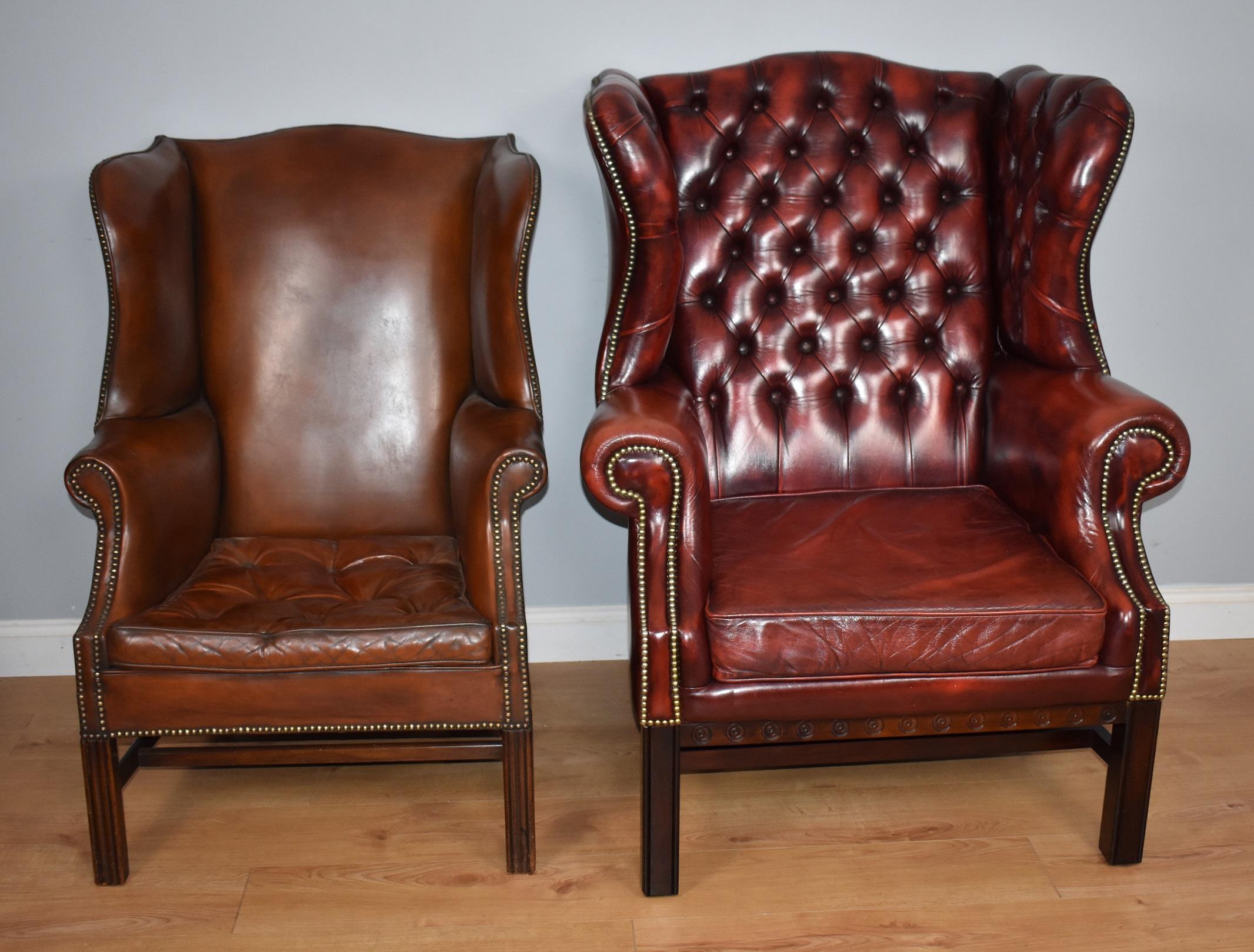 20th Century Pair of Large English Red Leather Wingback Armchairs 9