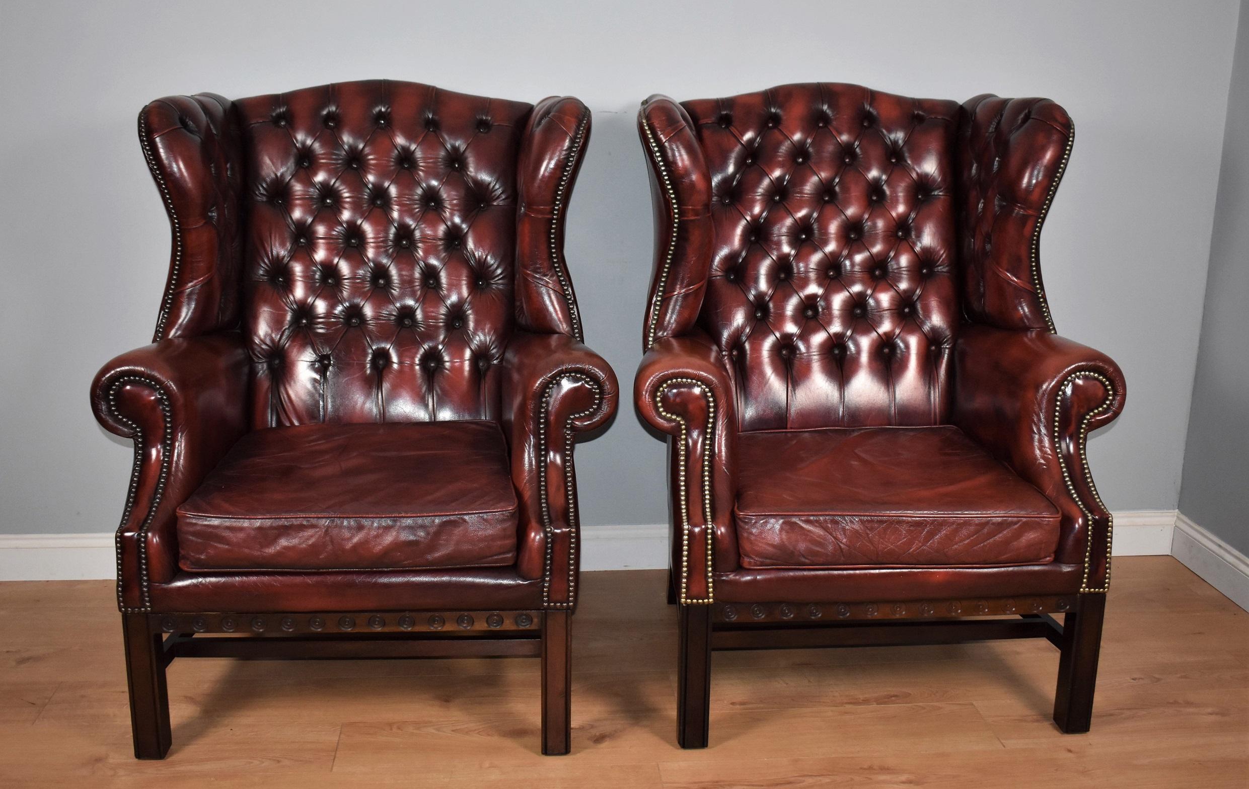 George III 20th Century Pair of Large English Red Leather Wingback Armchairs