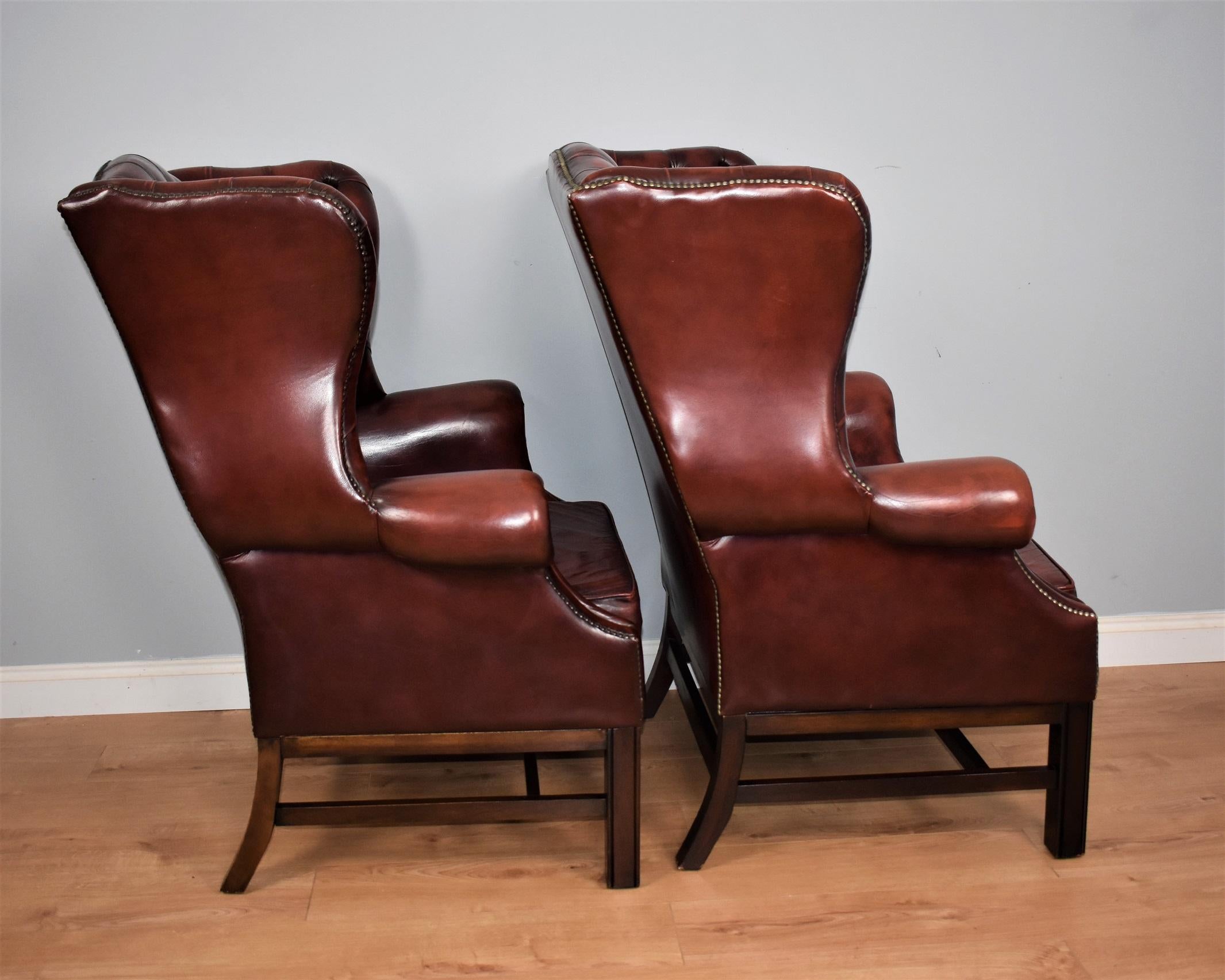 20th Century Pair of Large English Red Leather Wingback Armchairs 2