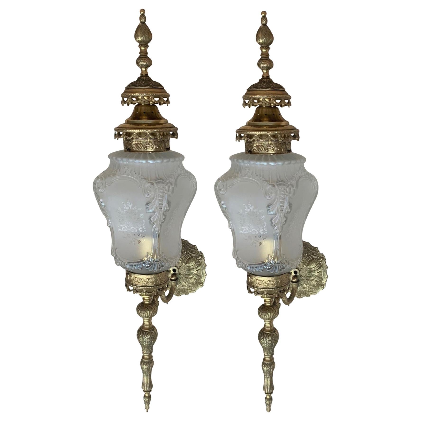 20th Century Pair of Large French Bronze and Glass Sconces