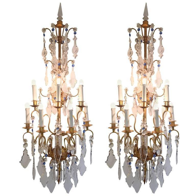 20th Century Pair of Large Italian Crystal Sconces Gilt Iron Baguès Style 9