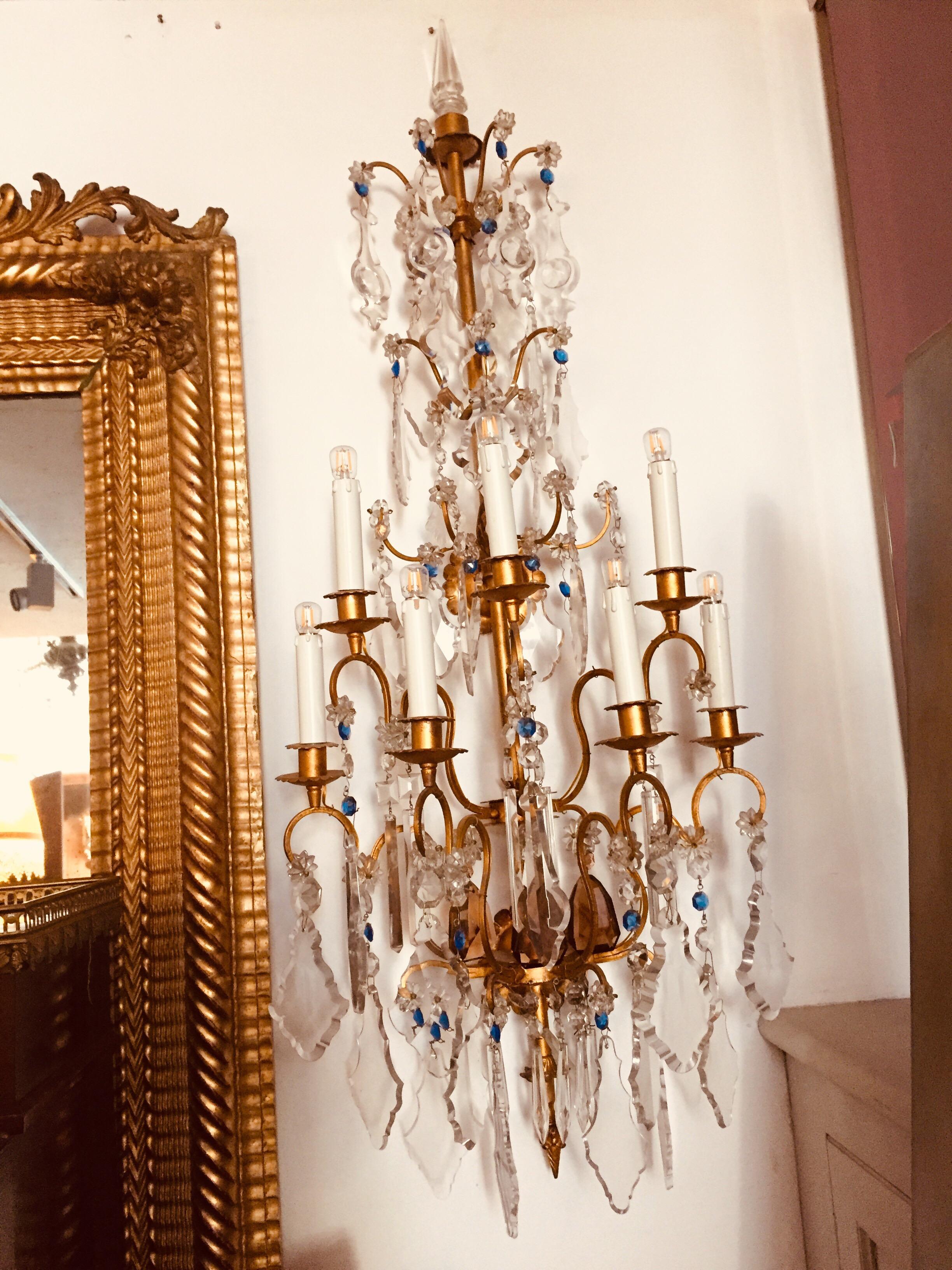 20th Century Pair of Large Italian Crystal Sconces Gilt Iron Baguès Style 10