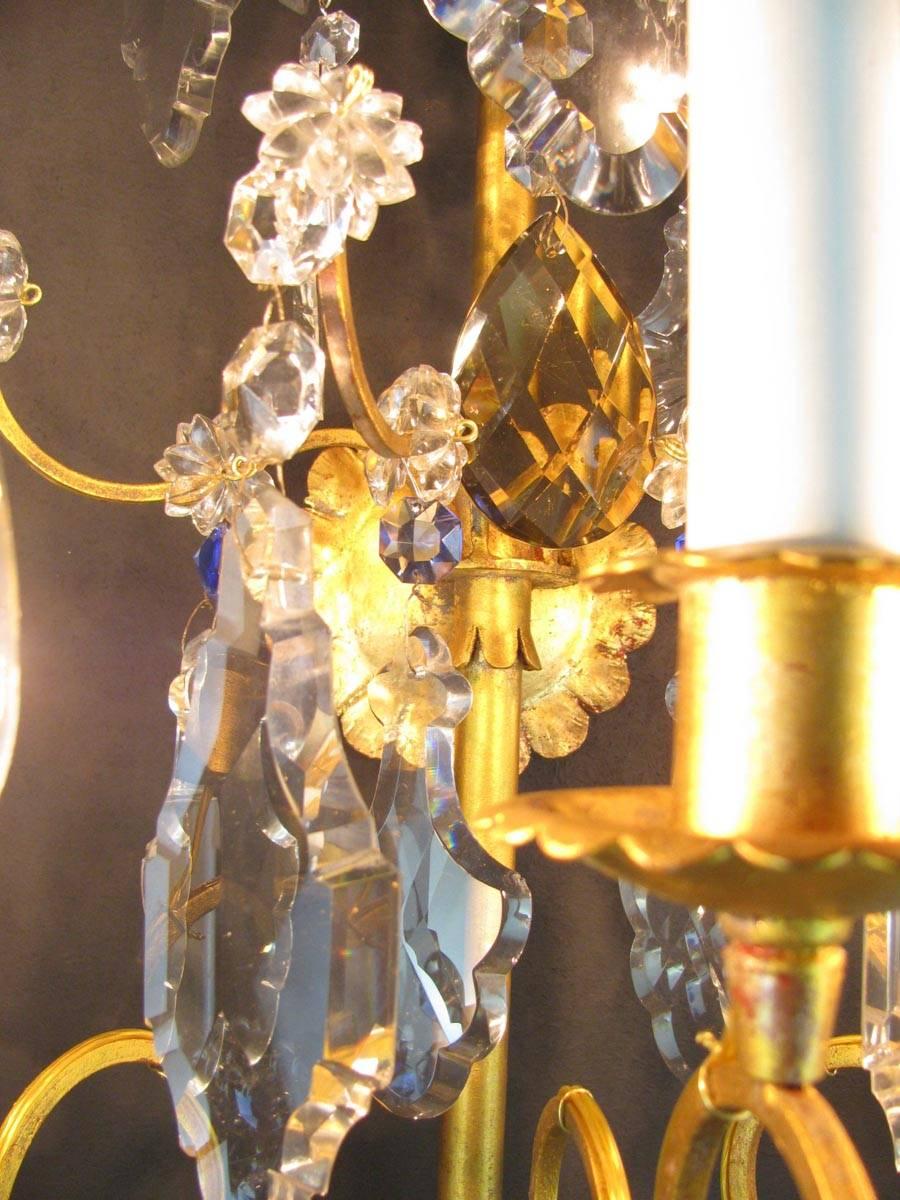 Faceted 20th Century Pair of Large Italian Crystal Sconces Gilt Iron Baguès Style