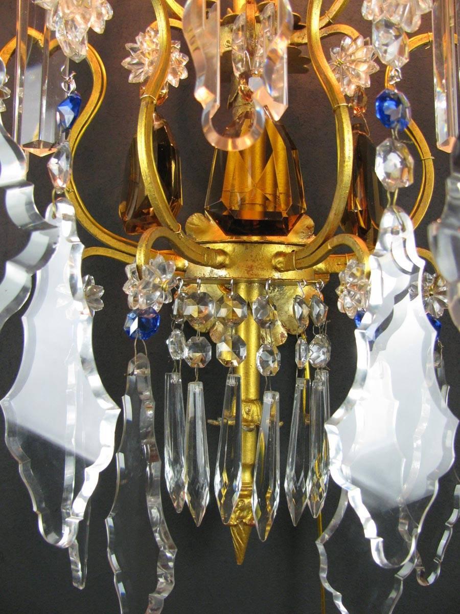 20th Century Pair of Large Italian Crystal Sconces Gilt Iron Baguès Style 5