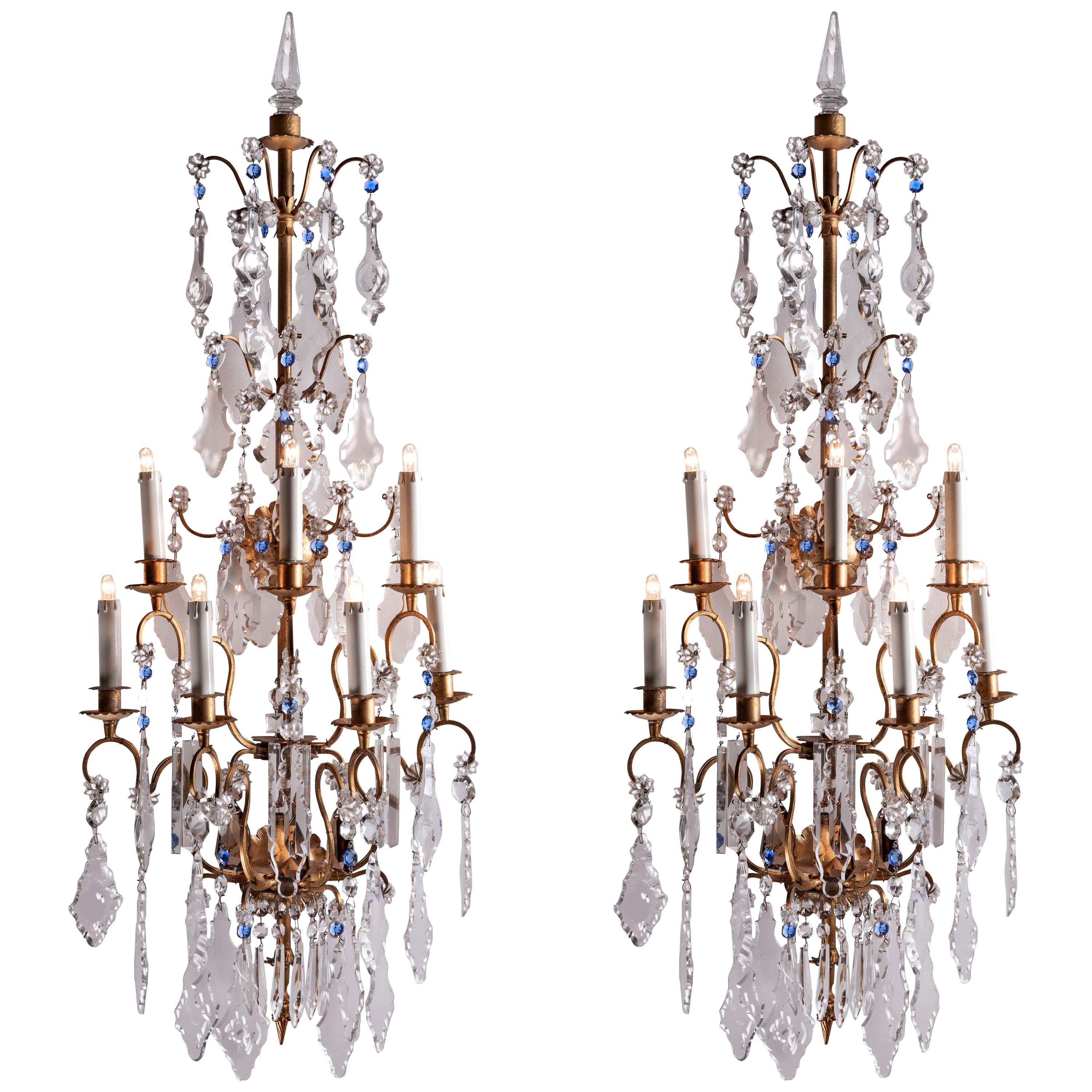 20th Century Pair of Large Italian Crystal Sconces Gilt Iron Baguès Style