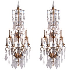 20th Century Pair of Large Italian Crystal Sconces Gilt Iron Baguès Style