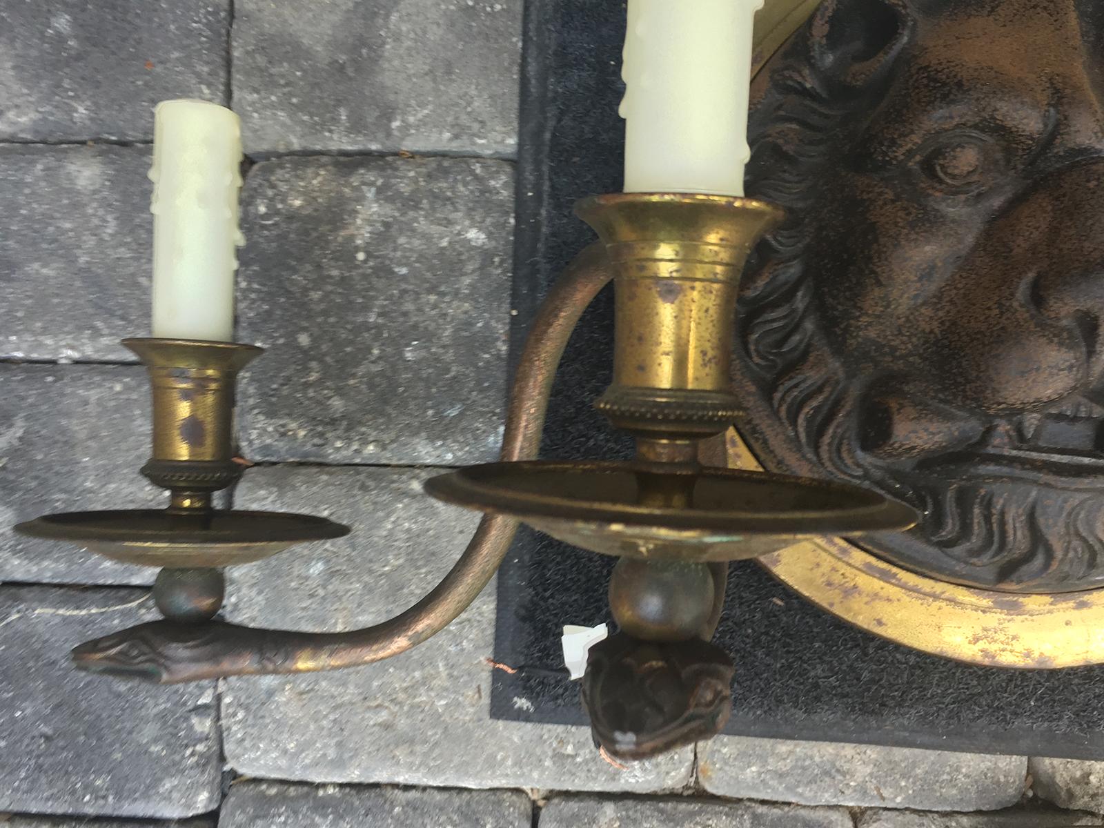 20th Century Pair of Large Scale Regency Style Iron and Brass Sconces For Sale 12
